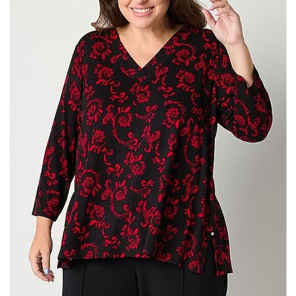 Liz Claiborne Plus Women's Size 3X Blouse  V Neck 3/4 Sleeve Black Red - Picture 1 of 13